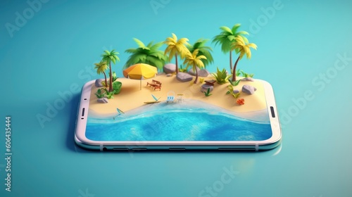 Creative summer beach on smartphone. Generative AI © Fly Frames