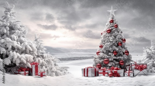 Christmas tree with gifts in red and silver on a panoramic snow background. Generative AI © Fly Frames