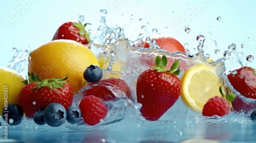 Fresh multi fruits splashing into blue clear water splash. Generative AI