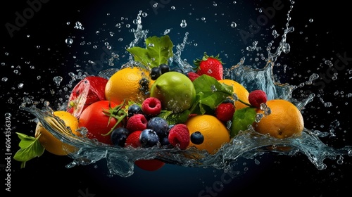 Black background with assortment of fresh fruits and water splashes.. Generative AI
