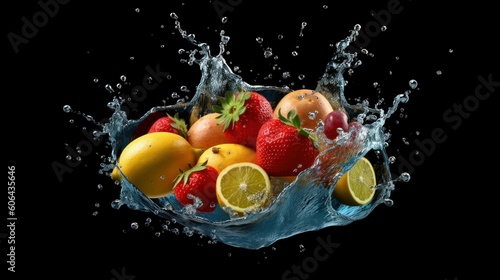 Black background with assortment of fresh fruits and water splashes.. Generative AI