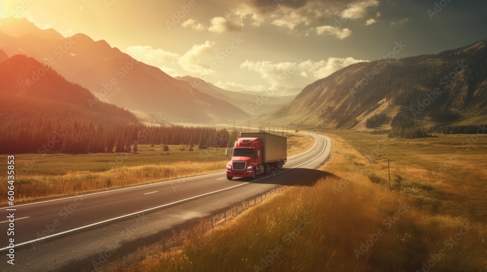 Semi trucks with semi trailers transporting cargo driving on the turning wide highway road. Generative AI Semi trucks with semi trailers transporting cargo driving on the turning wide highway road. Generative AI