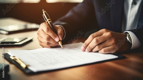 Close up male hand fill contract paper. Generative AI