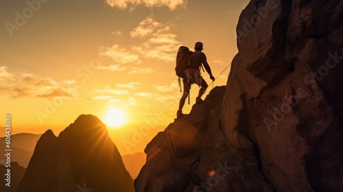Man climbing on rock at sunset. Generative AI