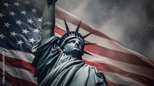 Statue of Liberty on the background of the American flag. Generative AI © Fly Frames