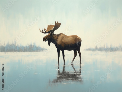 A Minimalist Oil Painting of a Moose in Nature   Generative AI