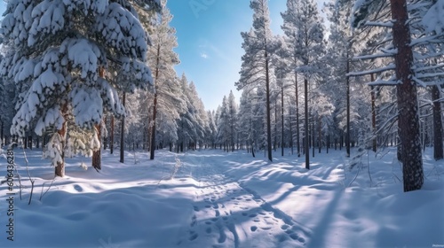 Winter snowy day in a beautiful forest. Generative AI