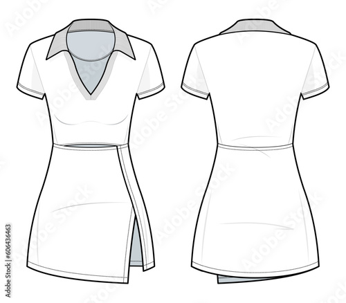 Cutout Tennis Polo Dress flat technical fashion illustration. Polo Dress fashion flat technical drawing template, front view, back view, white color, women's, CAD mockup