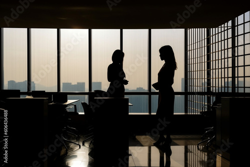 Silhouettes of businesswomen in modern office near window