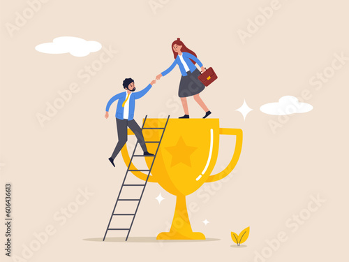 Teamwork concept. Partnership help success, support or mentor to assist to achieve goal and win together, trust or leadership, businesswoman help colleagues to climb up ladder step on winning trophy.