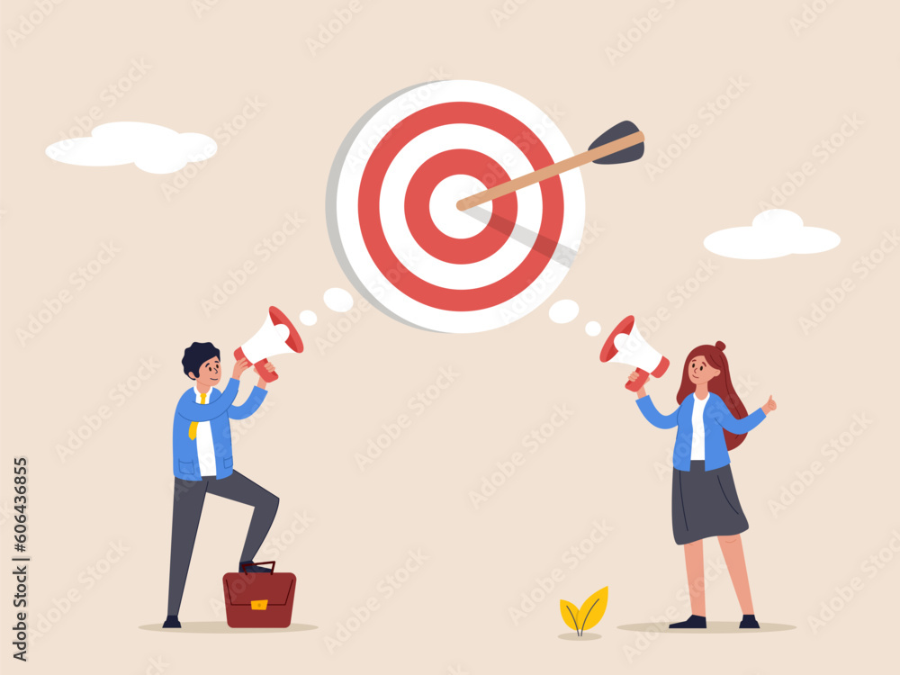 Effective communication concept. Team success and achieve goal, meeting or discussion to speak the same goal, communicate important purpose, business people speak on megaphone the same target. Effective communication concept. Team success and achieve goal, meeting or discussion to speak the same goal, communicate important purpose, business people speak on megaphone the same target.