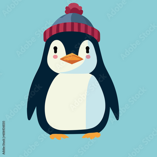 Cool cute little penguin with beanie - flat vector art