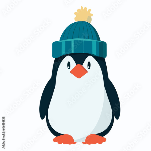 Cool cute little penguin with beanie - flat vector art