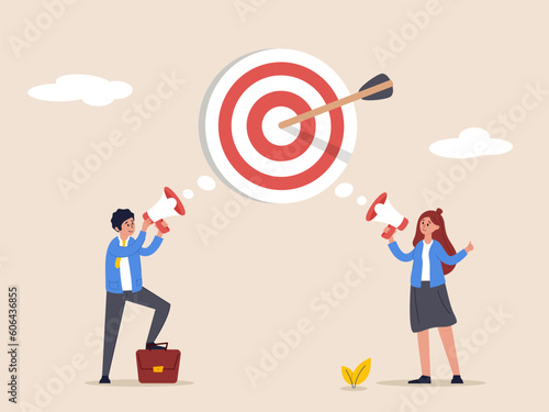 Effective communication concept. Team success and achieve goal, meeting or discussion to speak the same goal, communicate important purpose, business people speak on megaphone the same target.