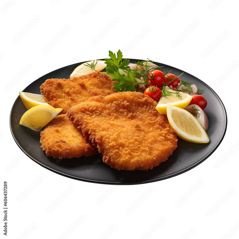 WienerSchnitzel served on a plate with lemon and French fries WienerSchnitzel served on a plate with lemon and French fries