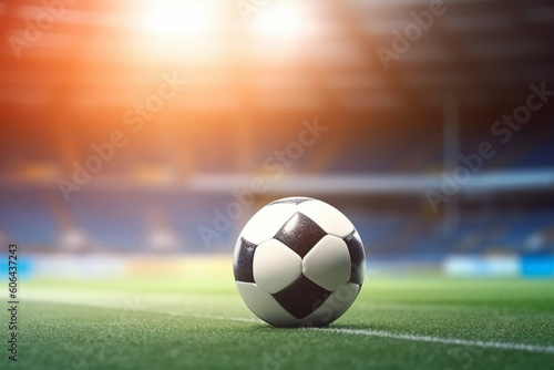 Soccer ball on a bright blurred stadium background