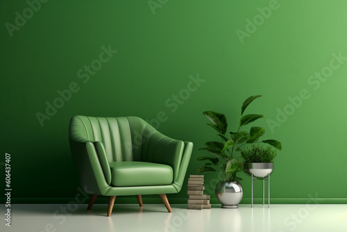 Empty green wall with armchair in modern living room, Generative AI	
