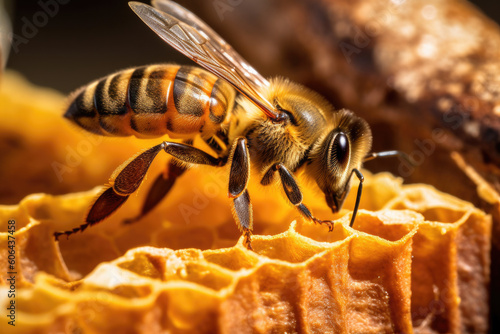 Detailed macro image of a bee collecting honey in a beehive, Generative AI © MVProductions