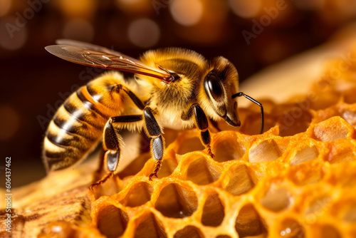 Detailed macro image of a bee collecting honey in a beehive, Generative AI © MVProductions