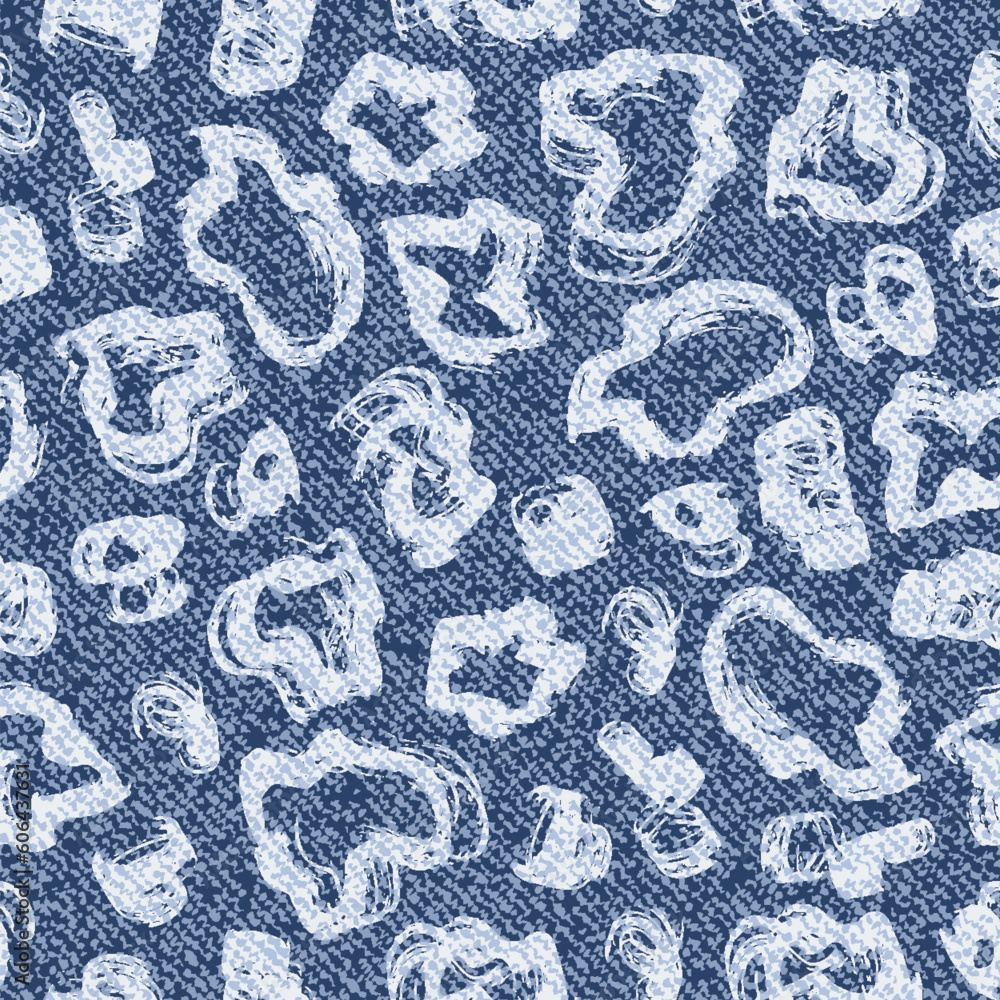 Spotted Jeans background. Vector Denim Leopard Seamless Pattern. Blue jeans cloth. Grunge brush strokes Spots.