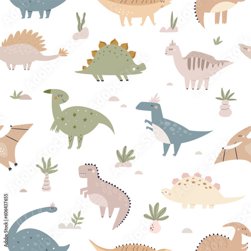 Hand drawn seamless pattern with cute and funny dinosaurs