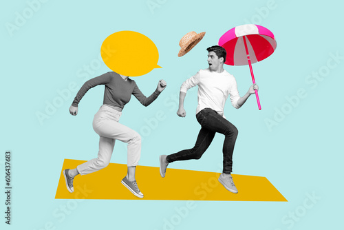 Surreal creative template collage of two people prepare for summer voyage buying sun parasol beach stuff for advert message