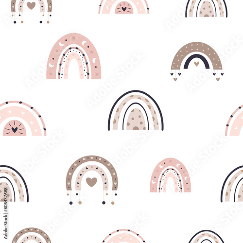 Hand drawn boho rainbows in pastel colors seamless patterns