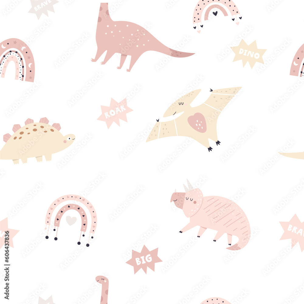 Hand drawn seamless pattern with cute and funny dinosaurs in pastel colors Hand drawn seamless pattern with cute and funny dinosaurs in pastel colors