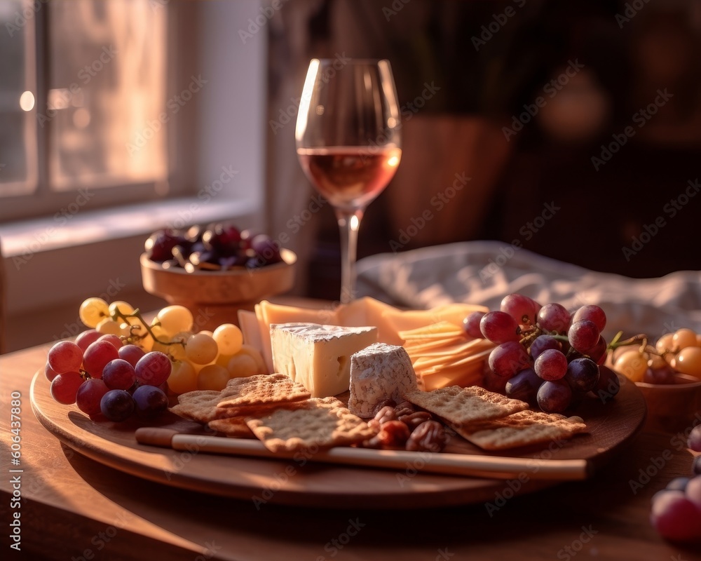 Fontina cheese appetizer plate with crackers, grapes, and fine wine