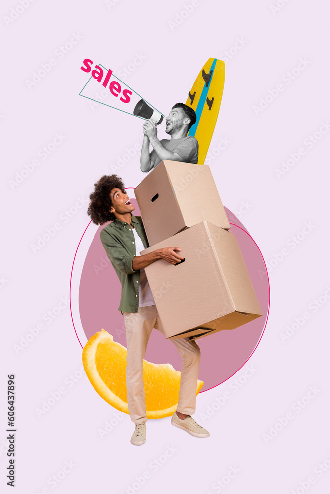 Obraz na plátně Poster banner collage of courier guy hold carry paper box order buying on summer