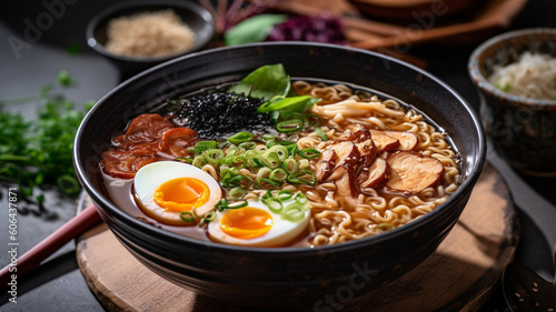 A bowl a Japanese food ramen along side with recipe ingredients. Created with Generative AI technology.
