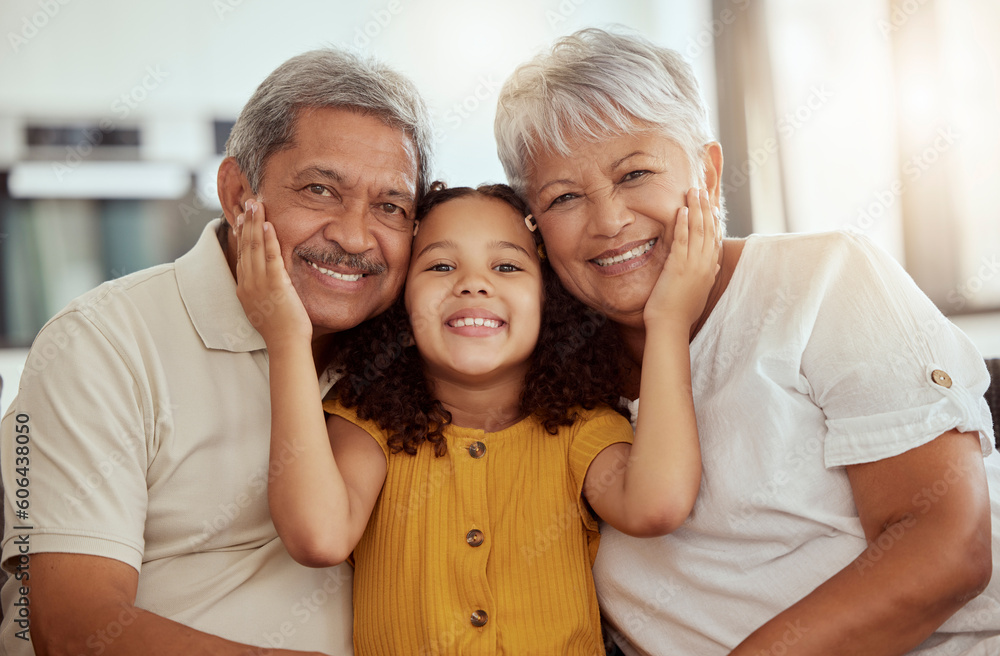 Girl child, grandparents and portrait on sofa with smile, happiness or bond with love in family home. Elderly man, senior woman and young female kid with hand, face or care on lounge couch on holiday Girl child, grandparents and portrait on sofa with smile, happiness or bond with love in family home. Elderly man, senior woman and young female kid with hand, face or care on lounge couch on holiday