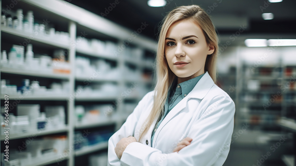 Young woman pharmacist at pharmacy, generative AI tools 