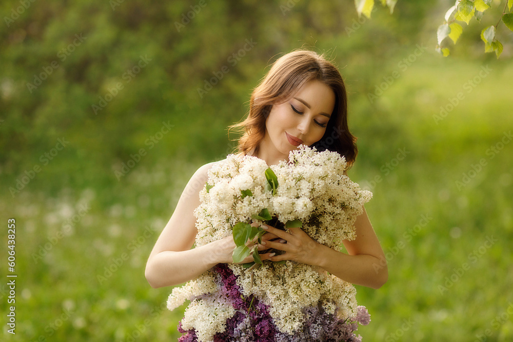 Fototapeta premium chest portrait of a girl in a lilac dress, taken at sunset