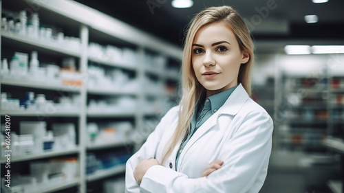 Young woman pharmacist at pharmacy, generative AI tools 