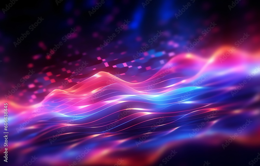AI generated: abstract futuristic background with pink blue glowing neon moving high speed wave lines and bokeh lights. Data transfer concept Fantastic wallpaper.