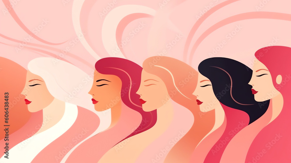 AI generated: Diverse beautiful modern women, girls group. Flat style vector illustration. Female cartoon characters. Design element for 8 March, Womens Day card, banner, poster. Feminism