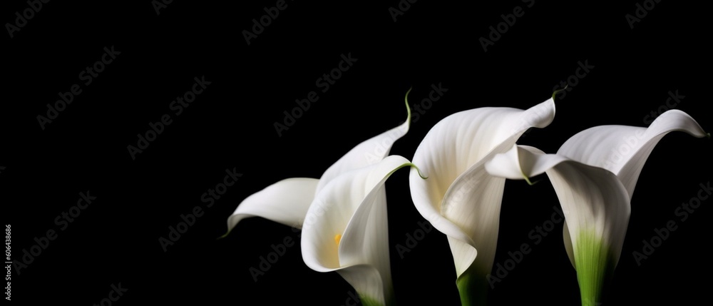 Sympathy with white calla lilies isolated on black background with copy space  copy space on left