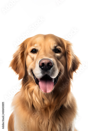 a golden retriever is sitting down with her tongue open, in the style of high-key lighting, 8k resolution, iso 200, smooth and shiny, distinct facial features, representational - AI Generated
