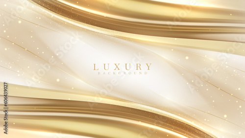 Golden luxury background with cream empty space and shiny curves and bokeh effect decoration. Vector illustration.