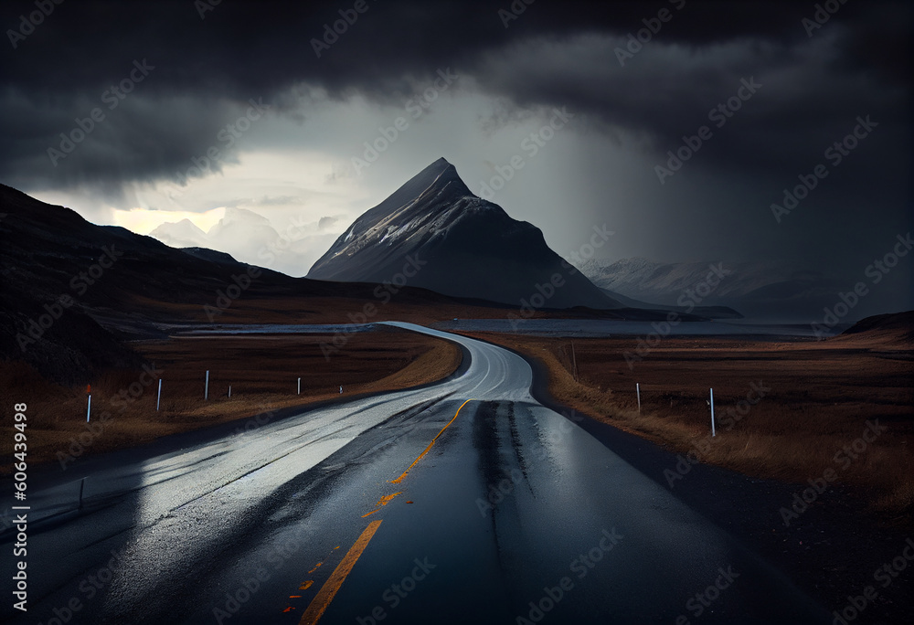 road with mountain with rainny weather Generative AI