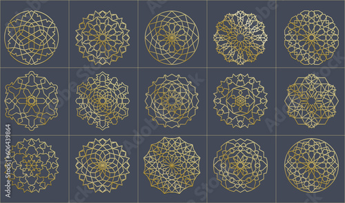 Islamic ornamental pattern templates set. Vector oriental geometric symbols in 3D style.