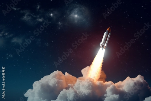 Rocket lift off into space, Spaceship launch with smoke on the starry sky, Space and travel wallpaper, Copy space for design and text