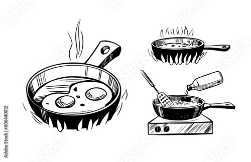 Cooking process. Frying pan with scrambled eggs and  vegetables. Hand drawn vector sketch illustration