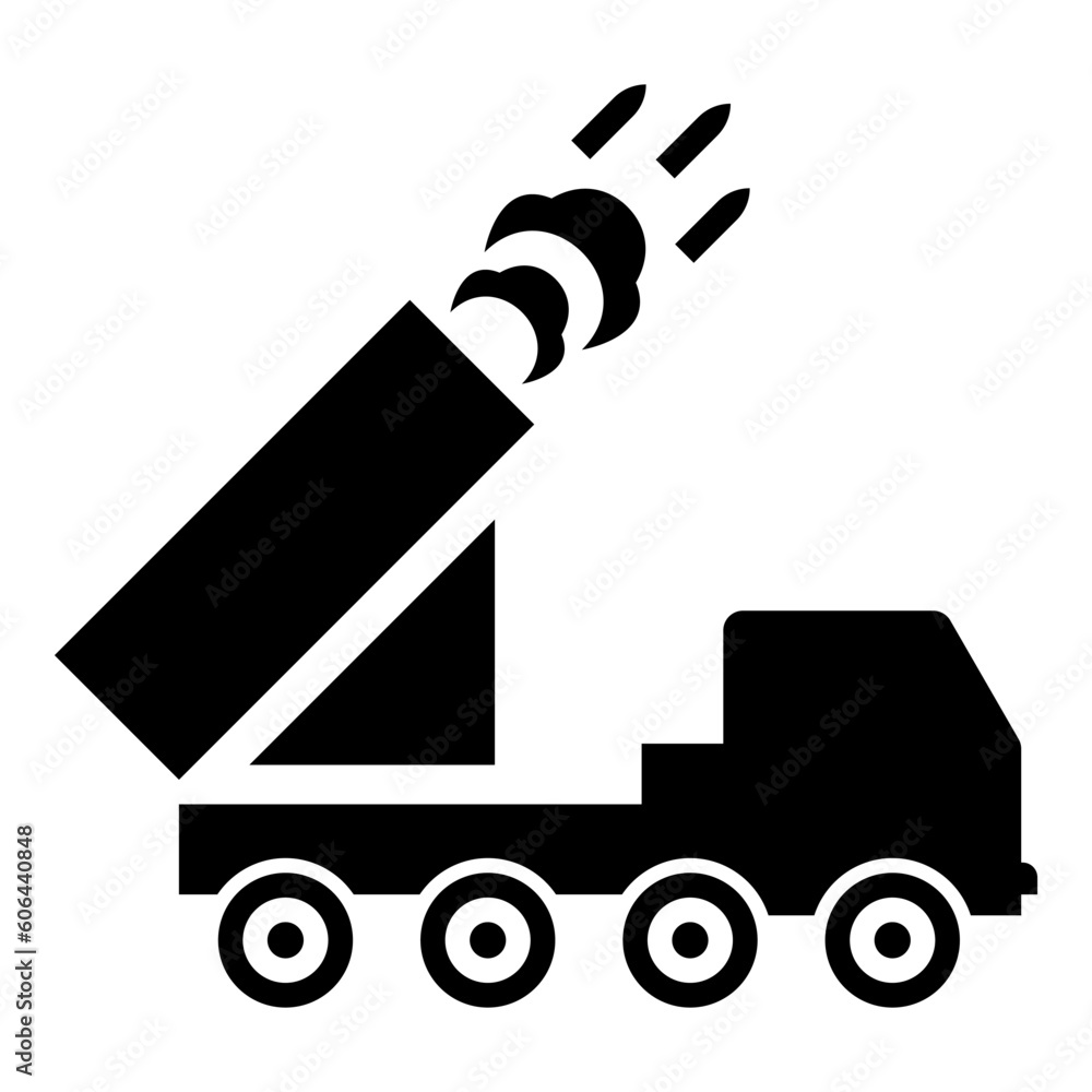 Fotografie Multiple launch volley reactive rocket system fire shoots missiles icon black co