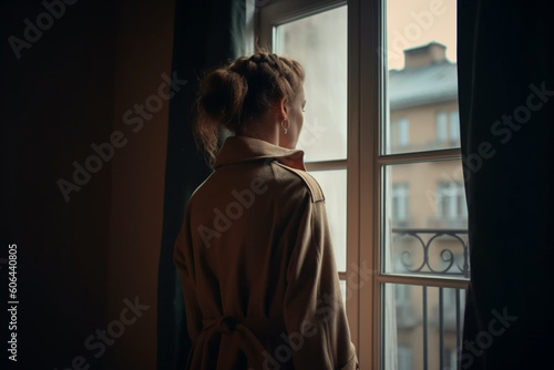 rear view of young woman dressed in retro-style trench coat stands on the windowsill with her back turned and looks out the window,