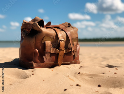 Leather bag on the tropical beach. 