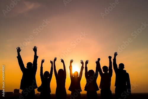 Silhouette of group happy business team making high hands over head in sunset sky background for business teamwork concept,