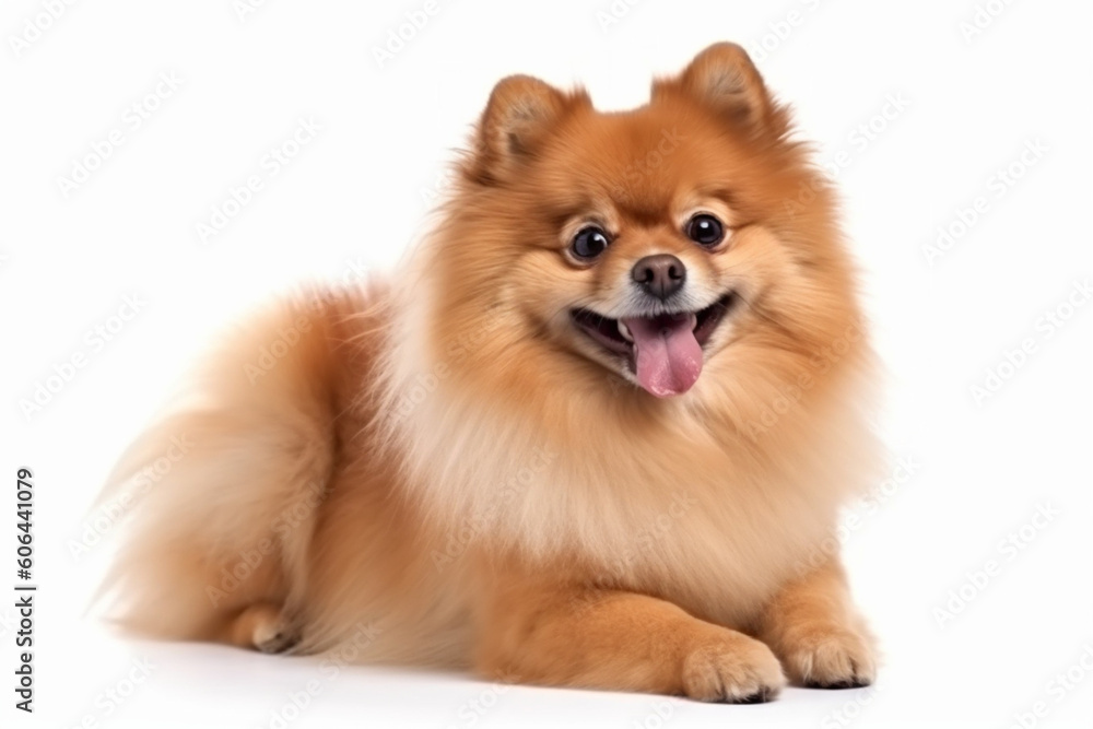 Red Pomeranian dog panting and sitting in front isolated on white