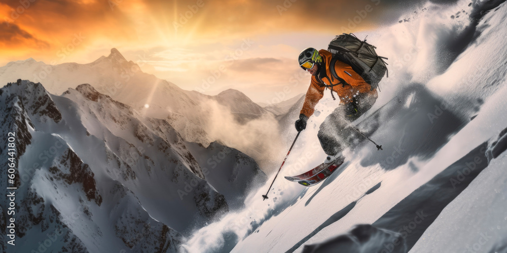 Extreme skier descending down a rocky mountain. Generative AI